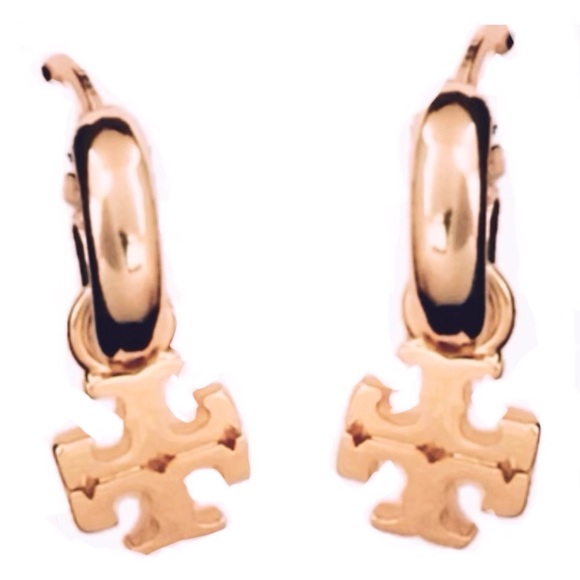 Tory Burch Jewelry - TORY BURCH ROSE GOLD KIRA LOGO HUGGIE HOOP EARRINGS